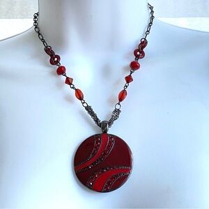 KC Red Glass Beads Pendant Gun Metal Chain Necklace